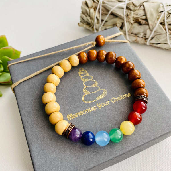 Chakra bracelet, 7 chakra bracelet, yoga bracelet, meditation bracelet, spiritual bracelet, spiritual mala, Reiki 7 Chakra Bracelet, round 8mm semi-precious gemstones, Amethyst, Lapis Lazuli, Blue Agate, Green Aventurine, Calcite, Carnelian, Red Jasper, brown and yellow wood beads, natural stones