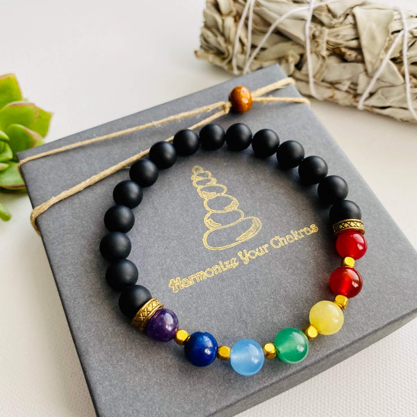 Women’s Bracelet, 7 Chakra Bracelet, Spiritual Bracelet, Yoga Bracelet, Meditation Bracelet, Healing Bracelet, Crystal Healing Bracelet, Gemstones, Healing Mala, Chakra Bracelet, natural Black Onyx, 8mm round stones, semi-precious rocks