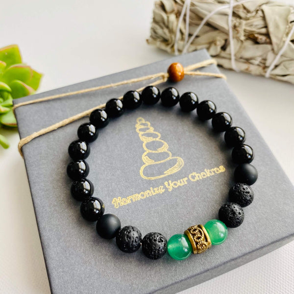 Fertility Bracelet, Chakra Bracelet, Healing Crystal Bracelet, Spiritual Bracelet, Yoga Bracelet, Meditation Bracelet, Good Luck Bracelet, Green Aventurine, Black Onyx, Lava Rocks, Elastic Cord, Authentic Healing Bracelet, Gemstones
