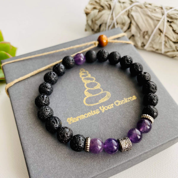 Diffuser Bracelet, Protection Bracelet, Men’s Bracelet, Yoga Bracelet, Meditation Bracelet, Spiritual Bracelet, Chakra Bracelet, Crystal Healing Bracelet, Grounding Bracelet, Amethyst Gemstones, Lava Rocks, Natural 8mm round gemstones, Authentic Stones