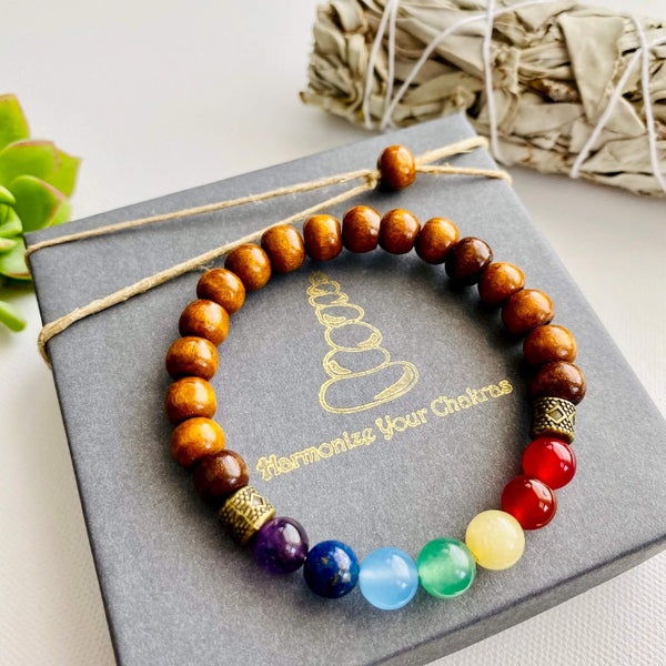 Chakra bracelet, 7 chakra bracelet, yoga bracelet, meditation bracelet, spiritual bracelet, spiritual mala, round 8mm semi-precious gemstones, Amethyst, Lapis Lazuli, Blue Agate, Green Aventurine, Calcite, Carnelian, Red Jasper, brown wood beads, natural stones