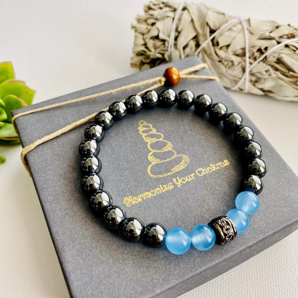 Protection Bracelet, Men’s Bracelet, Spiritual Bracelet, Yoga Bracelet, Meditation Bracelet, Healing Bracelet, Healing Crystal Bracelet, Blue Agate Crystal, Hematite Crystal, Gemstones, Healing Mala, Chakra Bracelet, 7 Chakra, Chakra Crystals