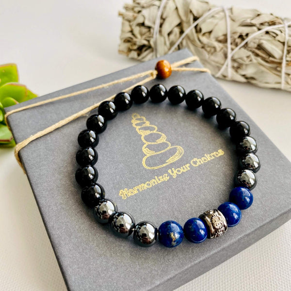 Men’s Bracelet, Protection Bracelet, Grounding Bracelet, Lapis Lazuli, Hematite, Black Onyx, Genuine gemstones, Authentic rocks, 8mm round beads, Spiritual Bracelet, Yoga Bracelet, Meditation Bracelet, Buddha, Reiki Bracelet, Chakra Bracelet
