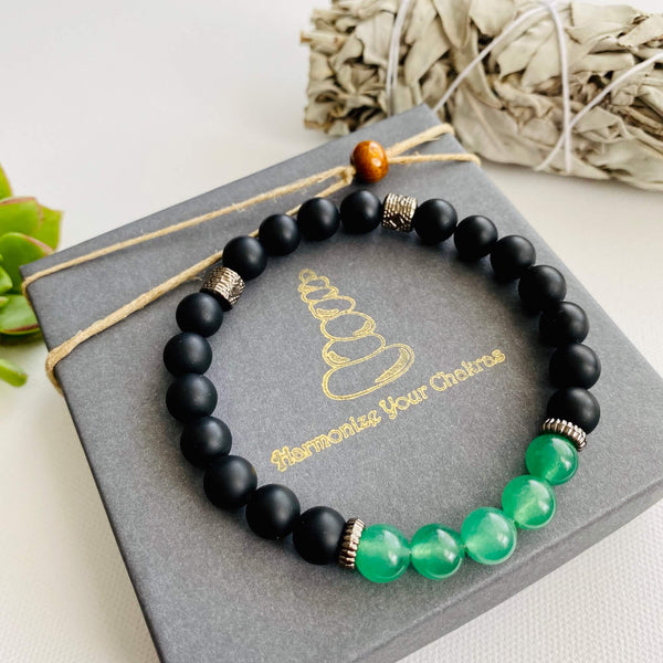 Inner-Strength Bracelet, Yoga Bracelet, Meditation Bracelet, Black Onyx, Green Aventurine, Authentic gemstones, 8mm semi-precious stones, Chakra Bracelet, Healing Crystal Bracelet