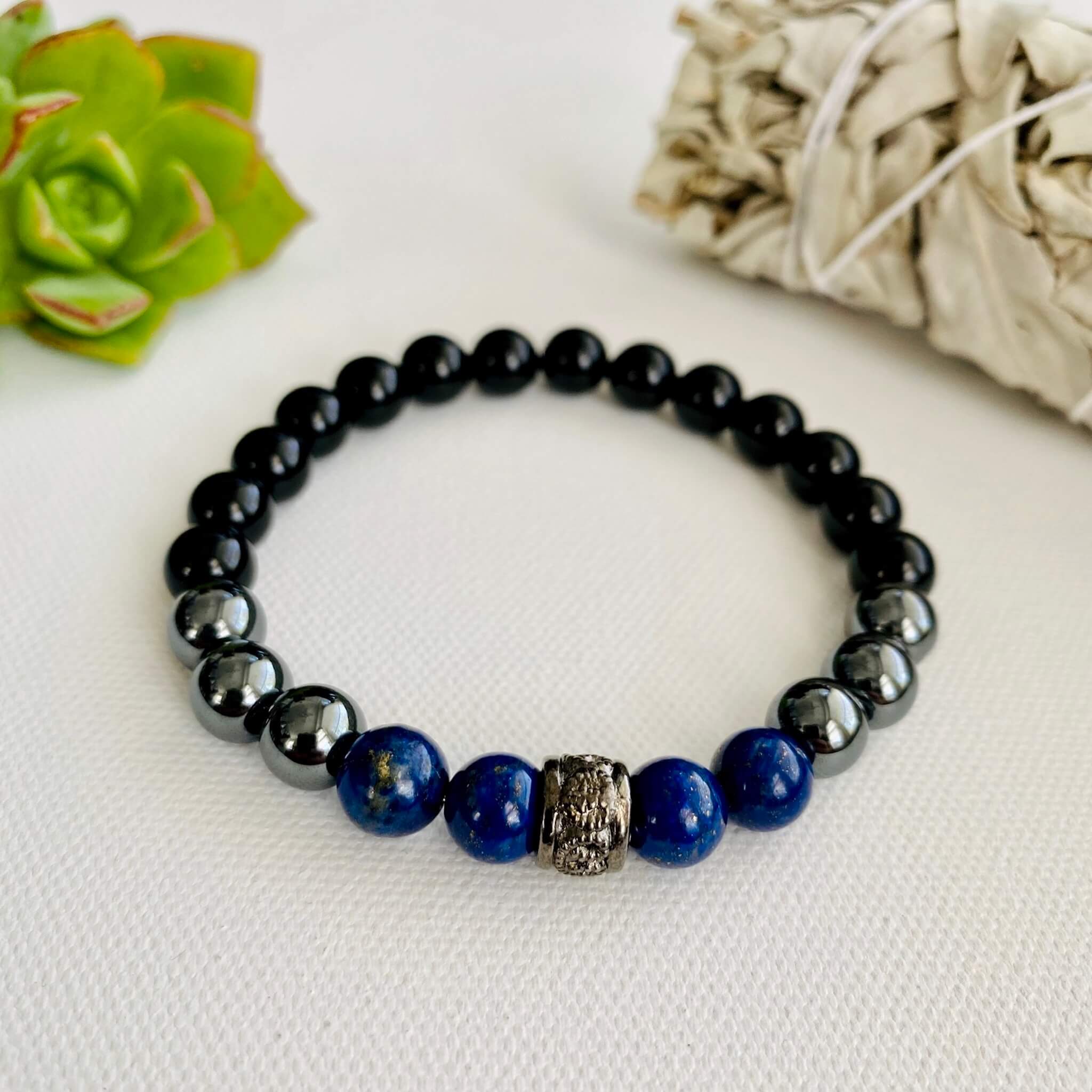Men's Peace and Protection Mala Bracelet | Natural Gemstone Beads | Blue Lapis  Lazuli | Black Onyx | Inner Peace | Protection | Strength